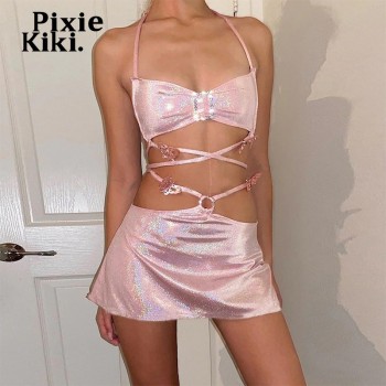  Glitter Pink Two Piece Set Fairy Grunge Crop Top Mini Skirt Summer Clothes Sexy Club Rave Festival Outfit